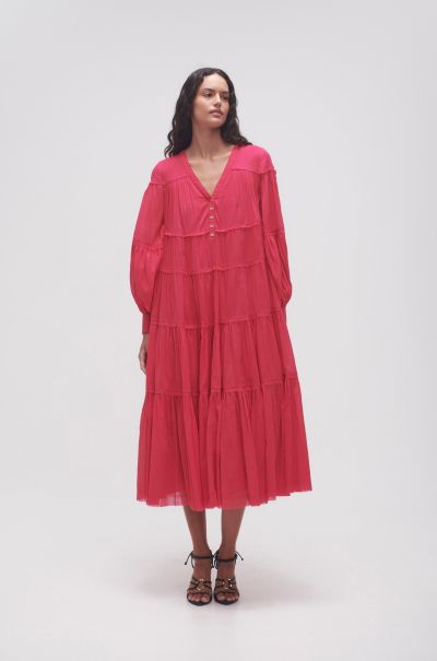 Women Sally Tiered Plunge Midi Dress Hot Pink Dresses Aje